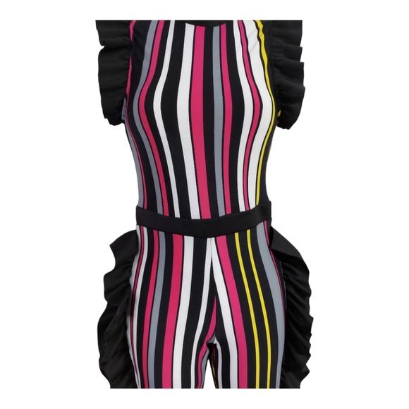 Monaco Womens Small Sleeveless Stripes Neck Ruffle High Waist Bodyocn Jumpsuits - Picture 7 of 15